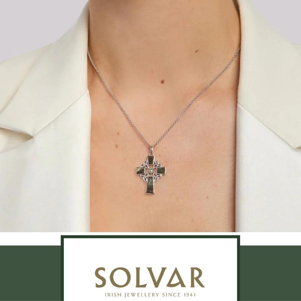 Connemara Marble and Marcasite Trinity Knot Celtic Cross