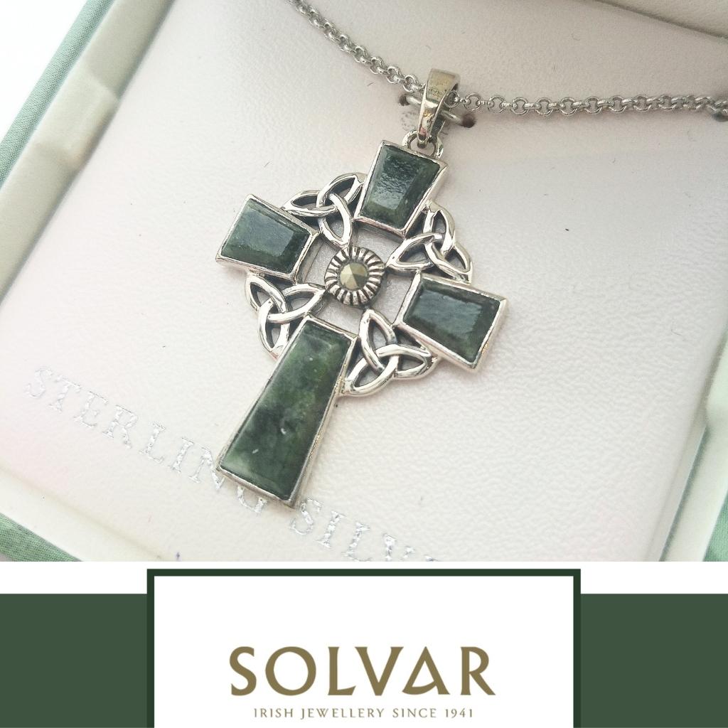 Connemara Marble and Marcasite Trinity Knot Celtic Cross