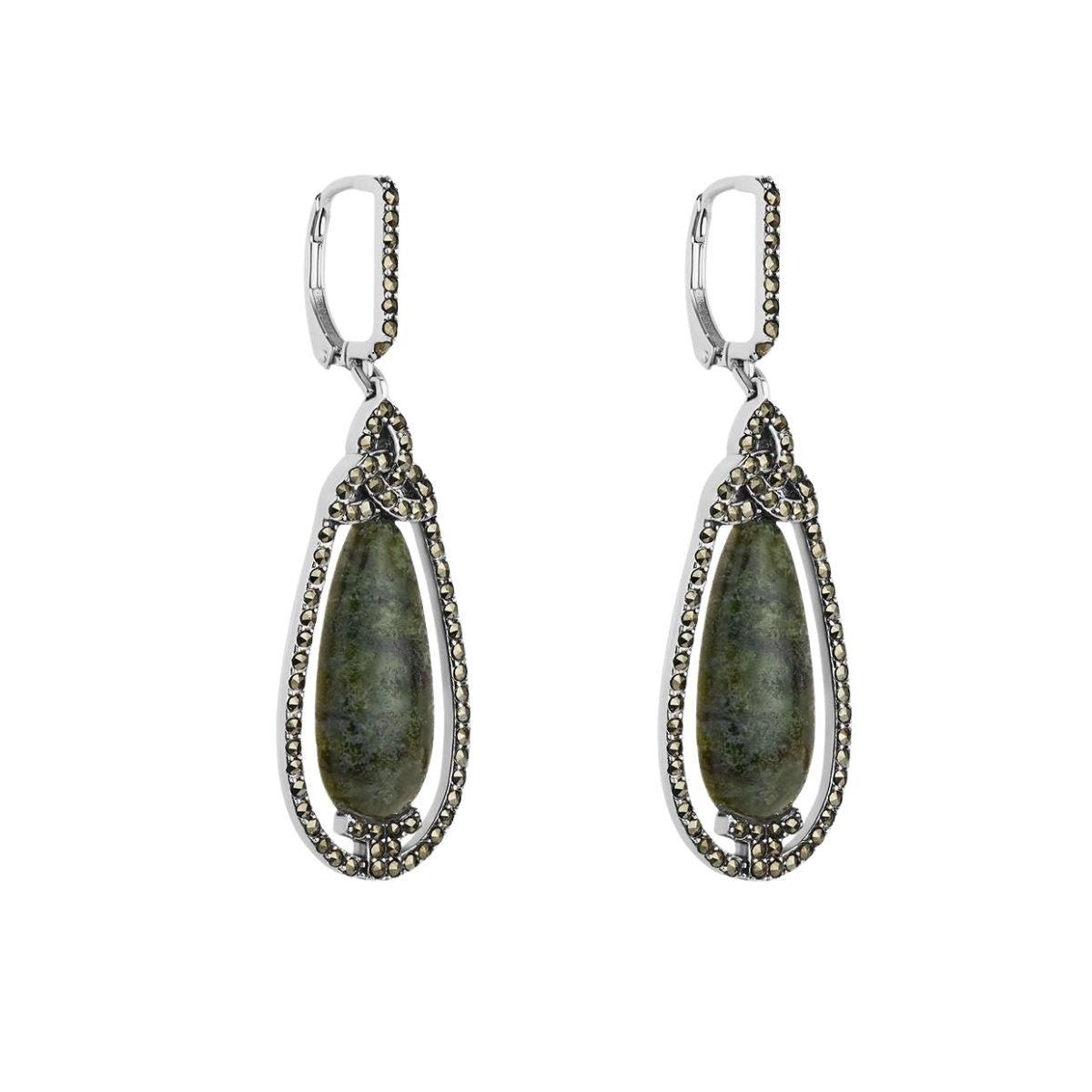 Connemara Marble and Marcasite Trinity Knot Drop Earrings