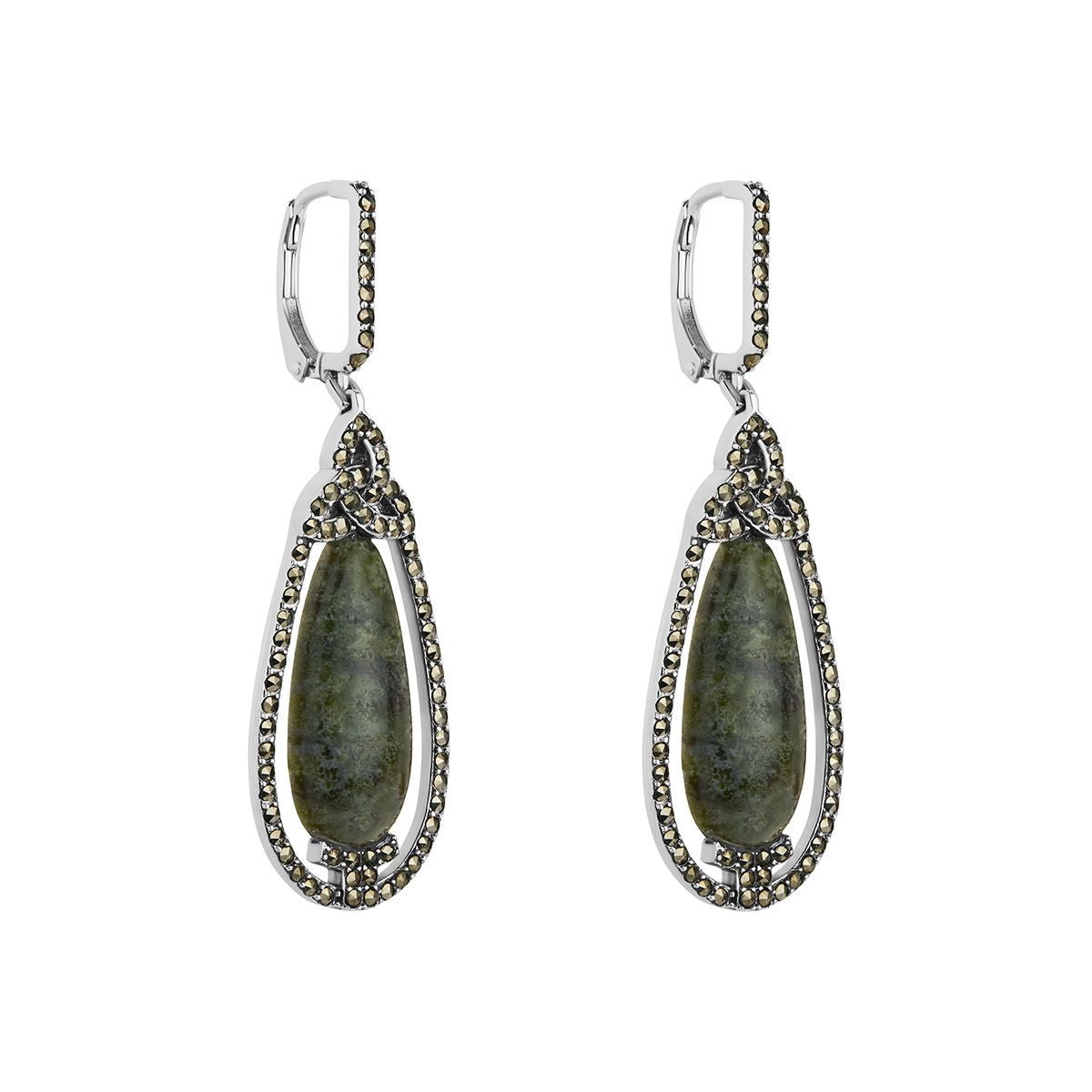 Connemara Marble and Marcasite Trinity Knot Drop Earrings - The Celtic Gift Store - Earrings