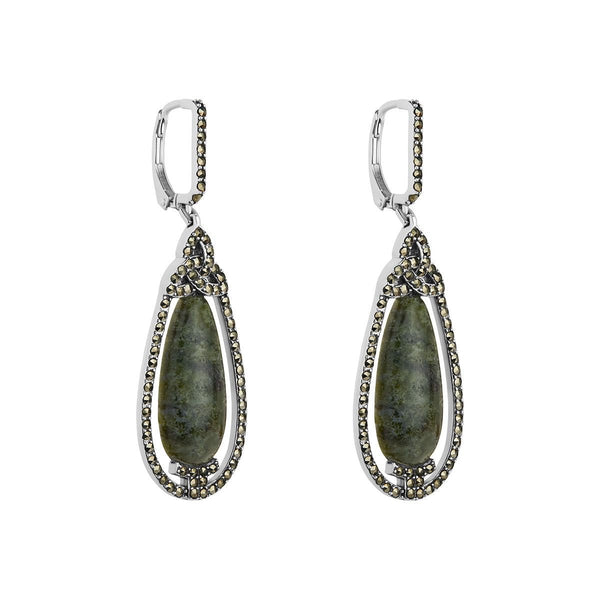 Connemara Marble and Marcasite Trinity Knot Drop Earrings - The Celtic Gift Store - Earrings