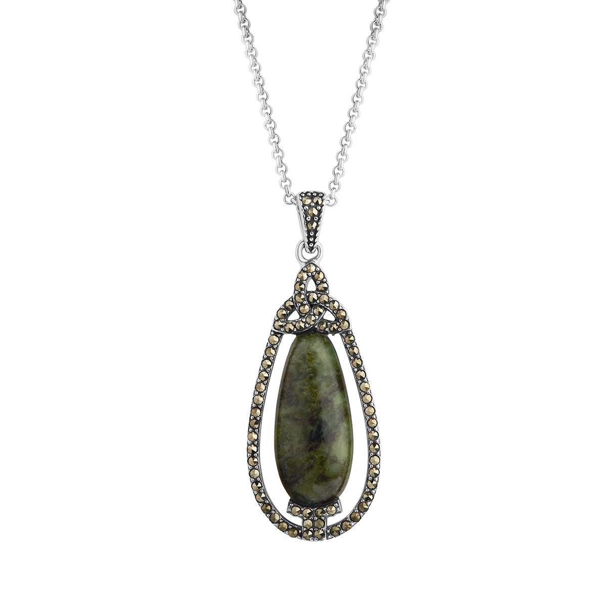 Connemara Marble and Marcasite Trinity Knot Drop Necklace - The Celtic Gift Store - Necklaces