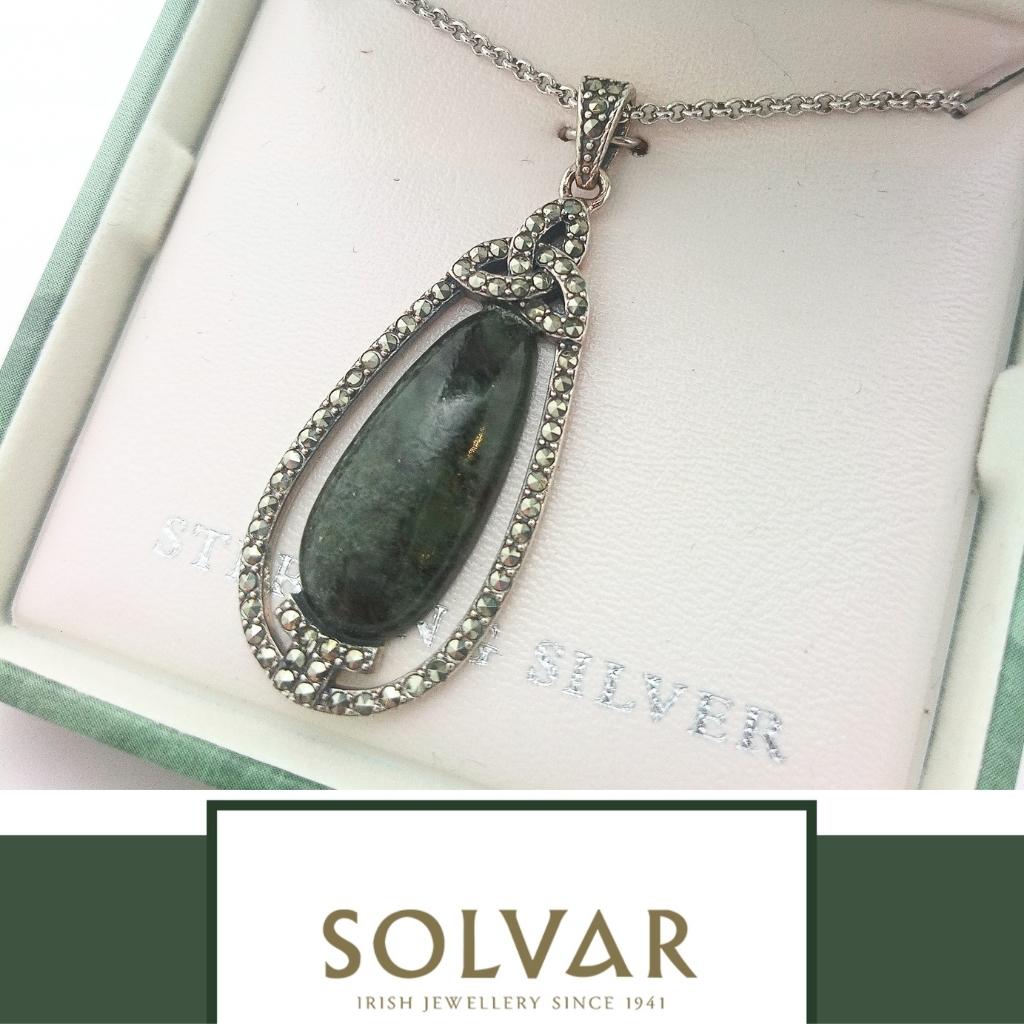 Connemara Marble and Marcasite Trinity Knot Drop Necklace