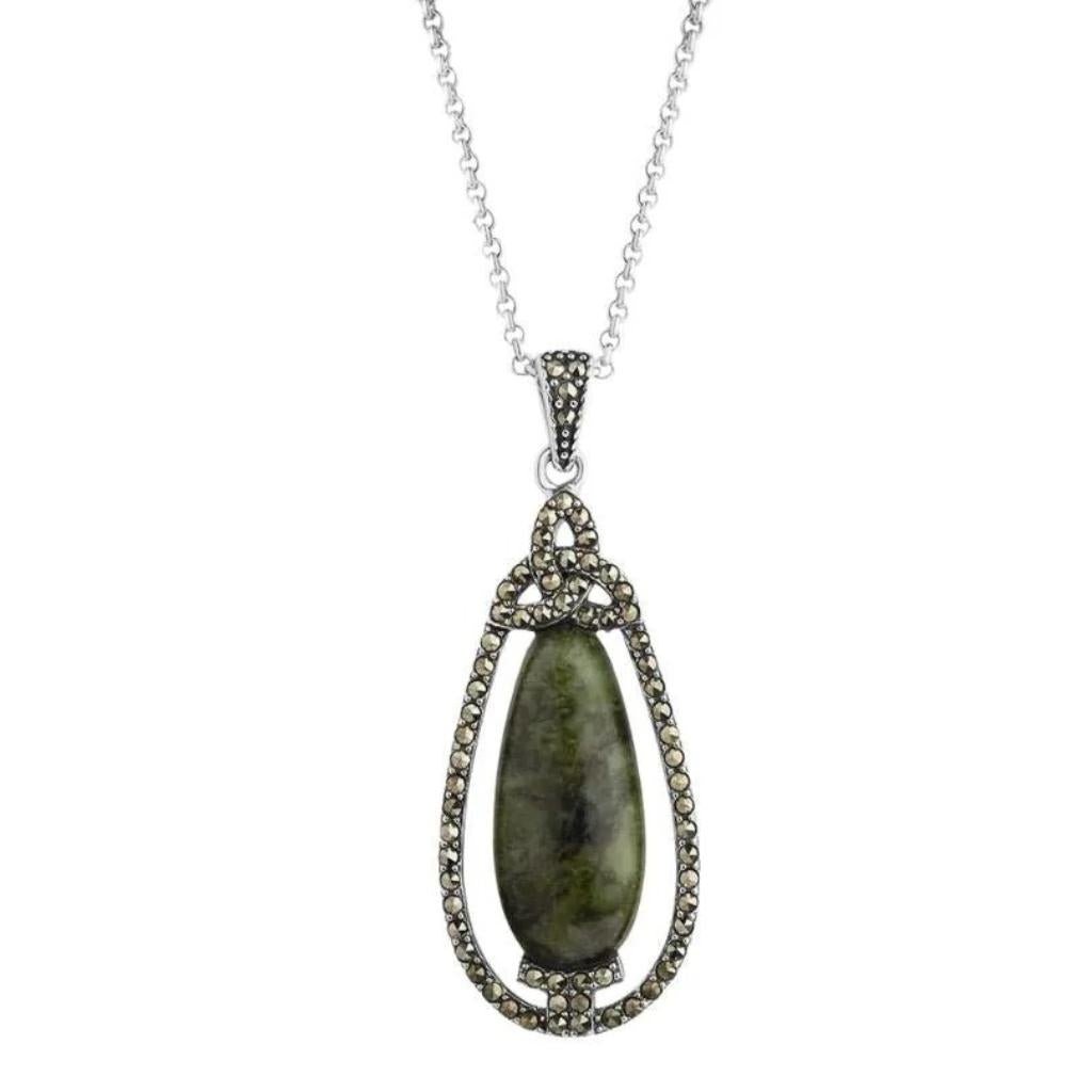 Connemara Marble and Marcasite Trinity Knot Drop Necklace