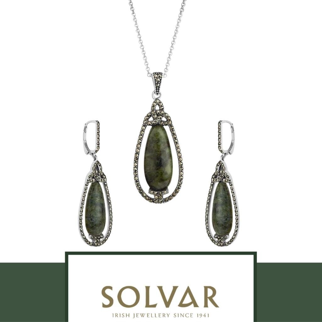 Connemara Marble and Marcasite Trinity Knot Drop Necklace