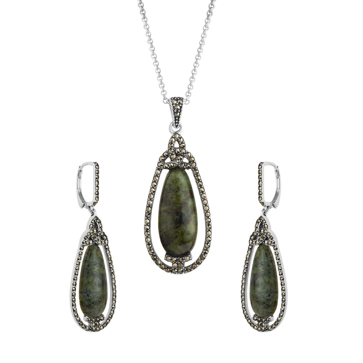 Connemara Marble and Marcasite Trinity Knot Drop Necklace