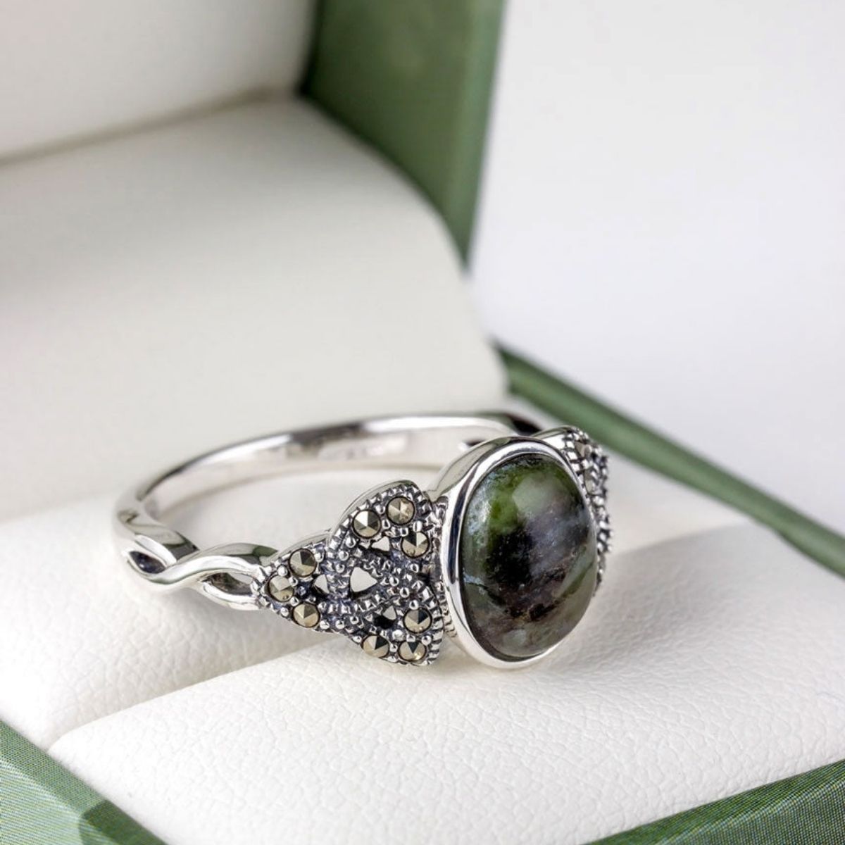 Connemara Marble and Marcasite Trinity Knot Ring
