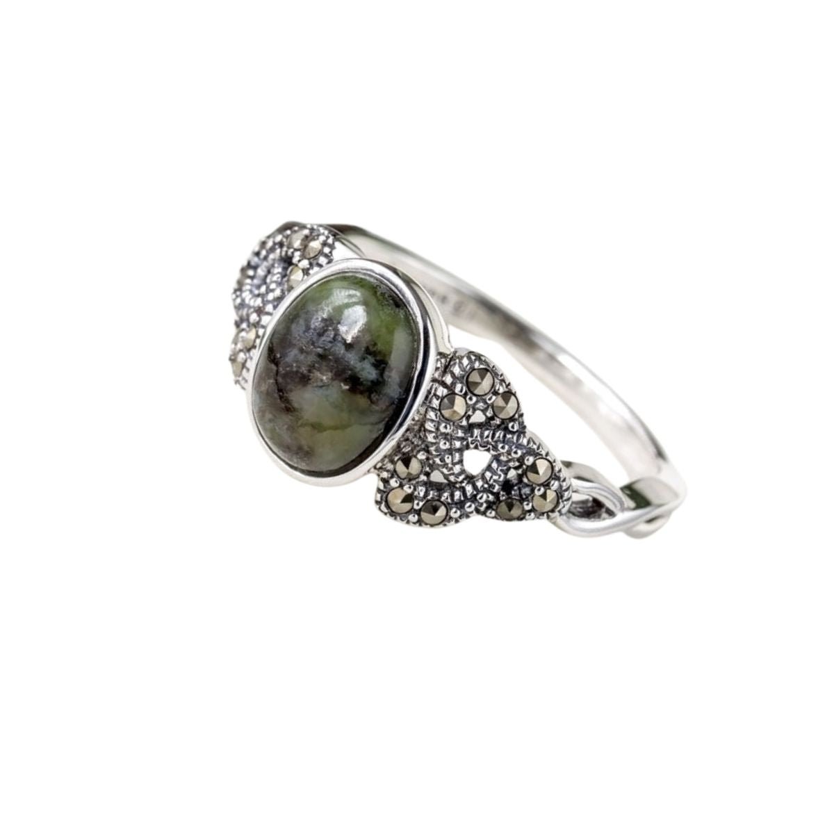 Connemara Marble and Marcasite Trinity Knot Ring