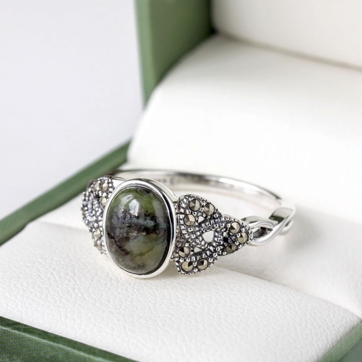 Connemara Marble and Marcasite Trinity Knot Ring
