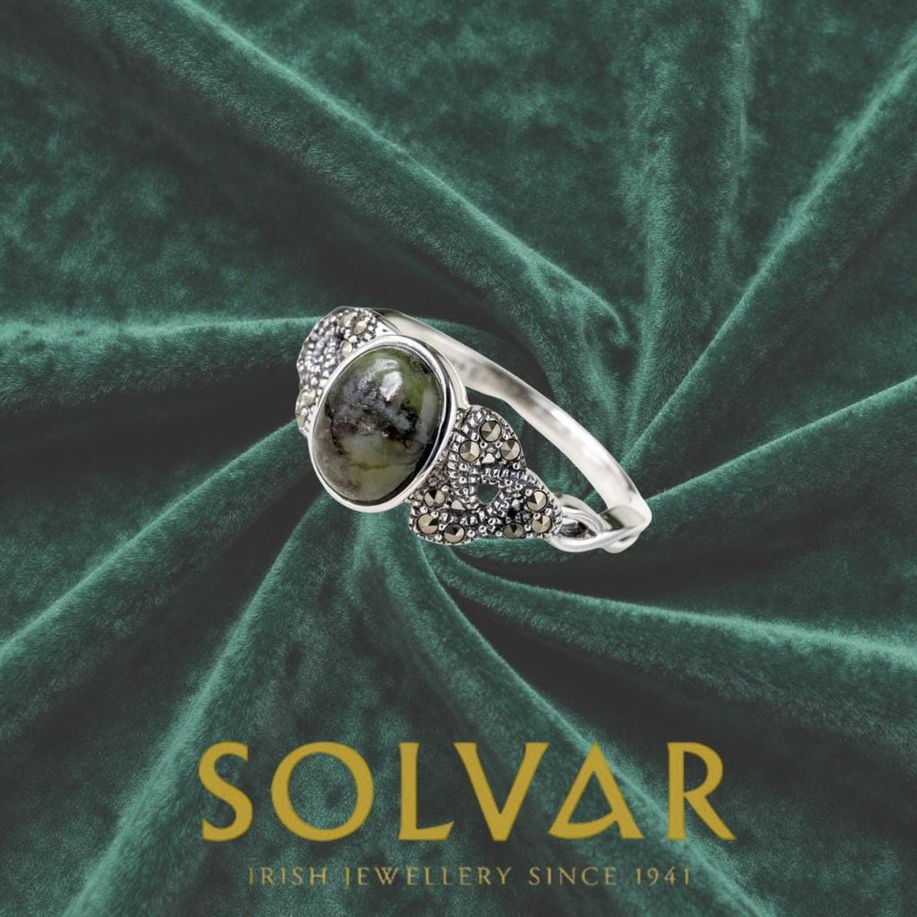 Connemara Marble and Marcasite Trinity Knot Ring