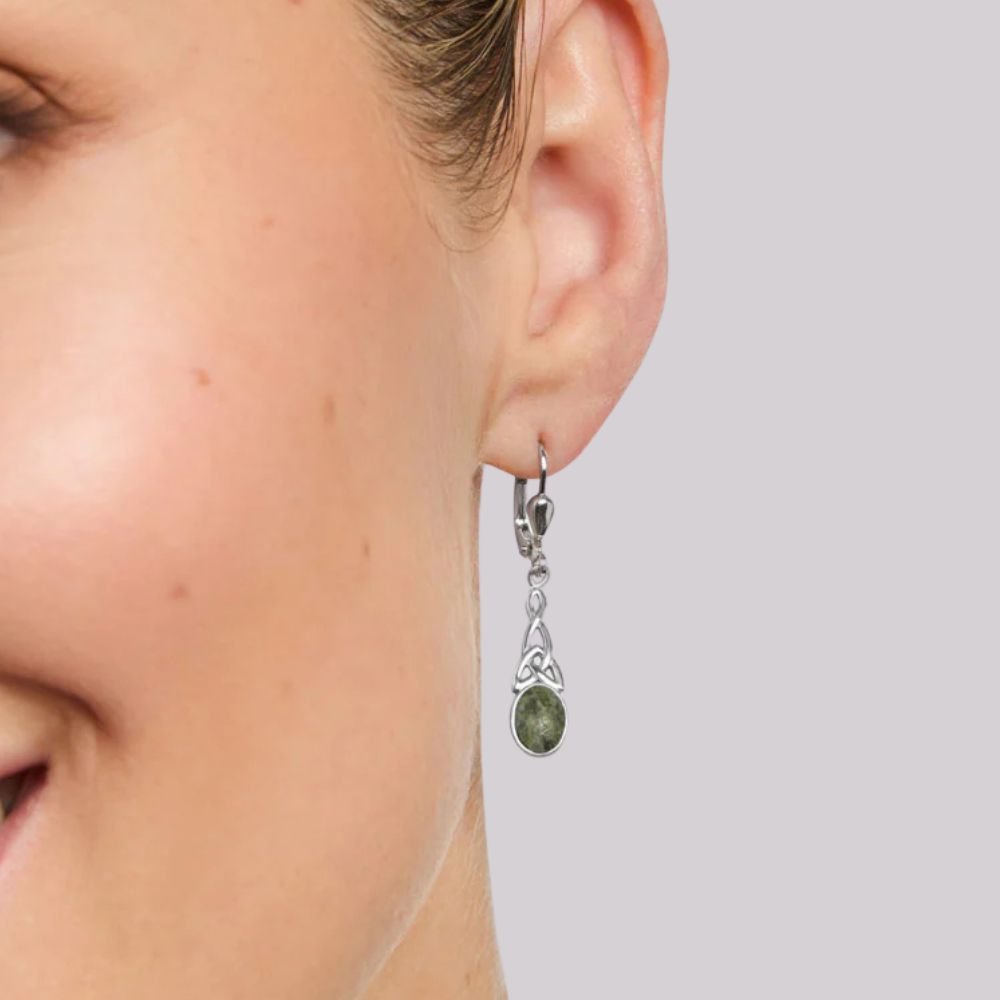 Connemara Marble And Sterling Silver Long Trinity Knot Drop Earrings