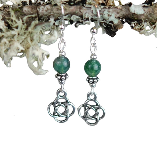 Cruth Moss Agate Round Celtic Knot Earrings - Small