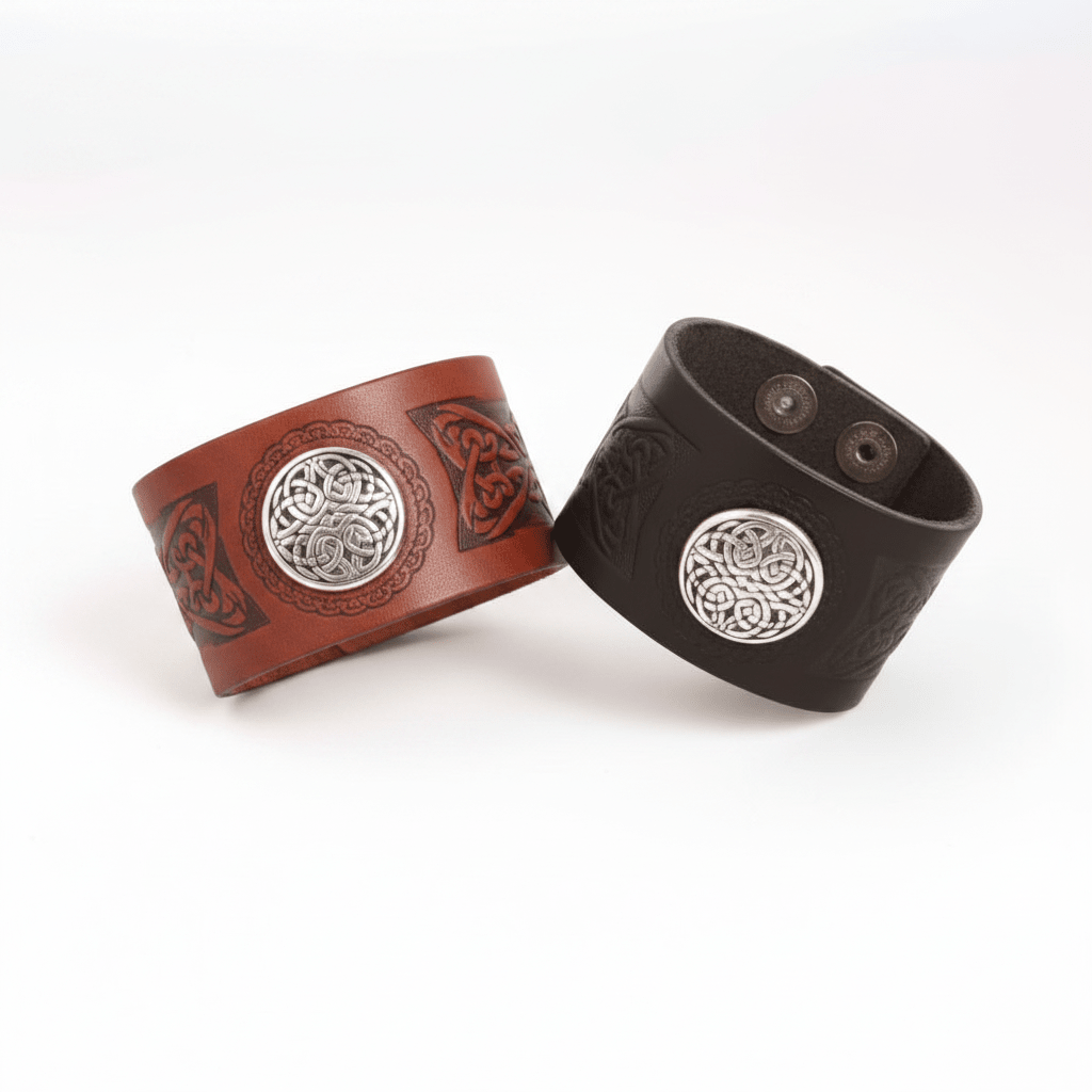 Dara Snap Cuff: Veg-tanned leather wrist cuffs in brown and black with silver Eternal Knot conchos and snap clasps.