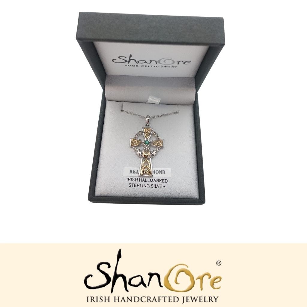 Diamond and Emerald Silver and Gold Celtic Cross Claddagh Necklace- Lg