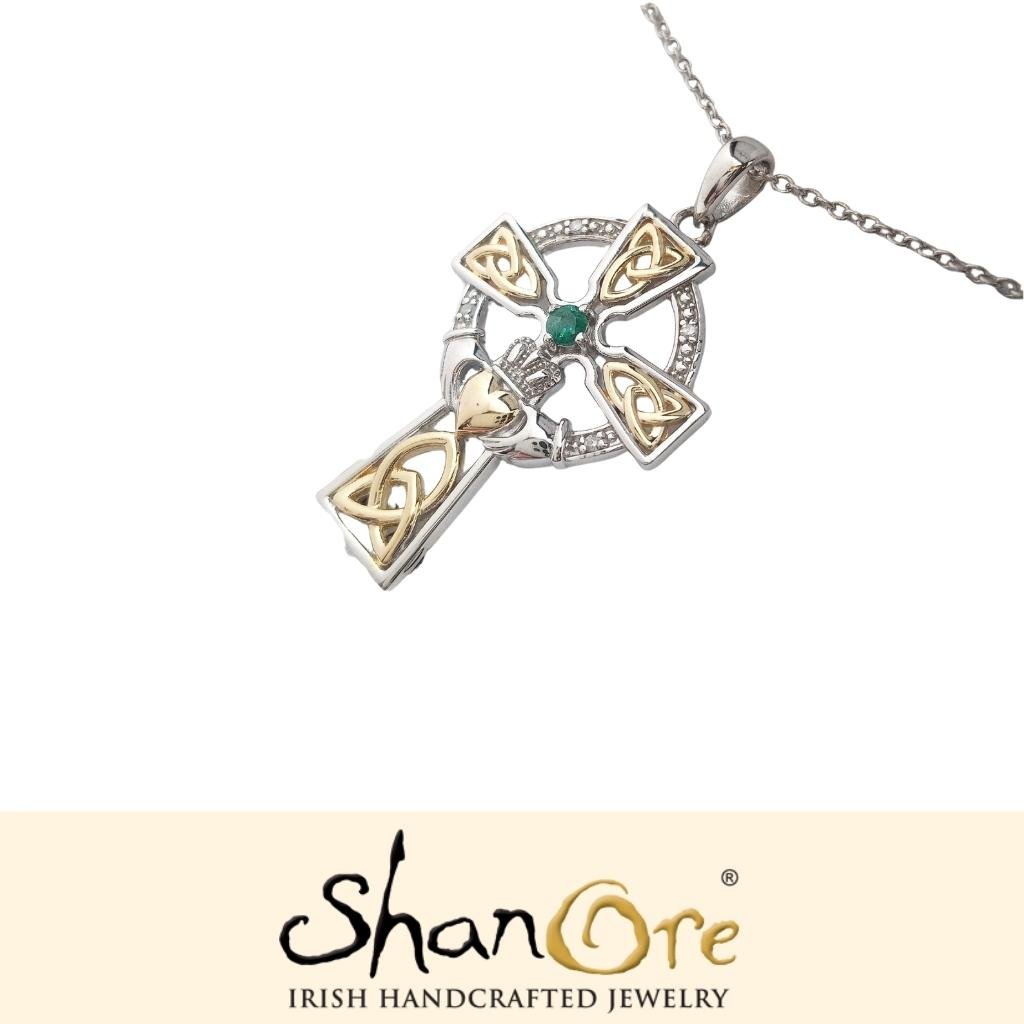 Diamond and Emerald Silver and Gold Celtic Cross Claddagh Necklace- Lg