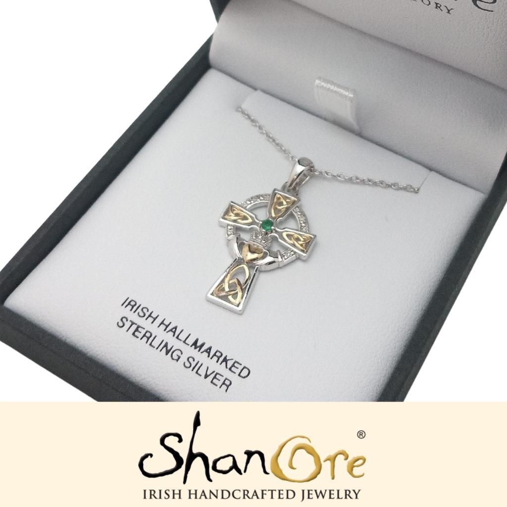 Diamond and Emerald Silver and Gold Celtic Cross Claddagh Necklace- Sm