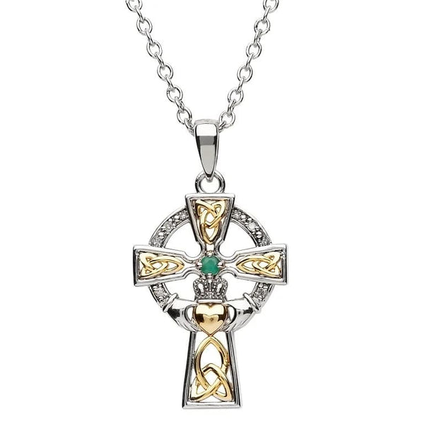 Diamond and Emerald Silver and Gold Celtic Cross Claddagh Necklace - Sm - The Celtic Gift Store - Necklaces