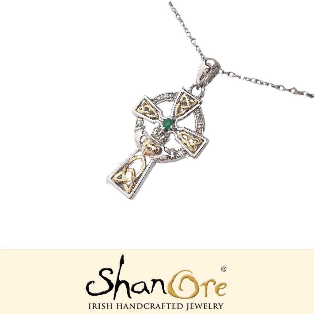 Diamond and Emerald Silver and Gold Celtic Cross Claddagh Necklace- Sm