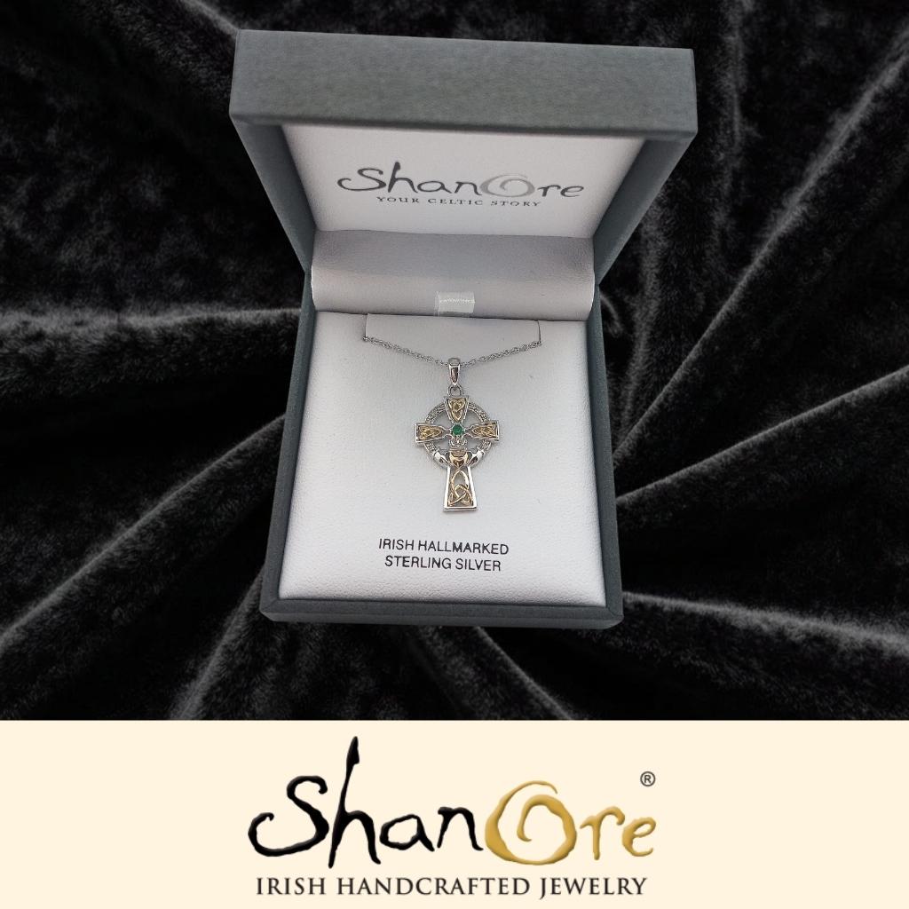 Diamond and Emerald Silver and Gold Celtic Cross Claddagh Necklace- Sm