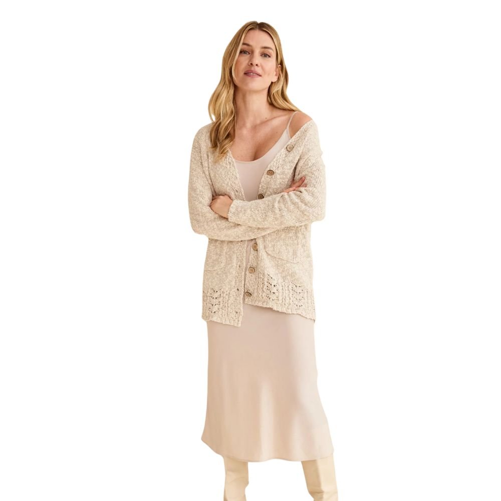 Eiru Cotton/Linen Aran Lace Long Cardigan - Warm Oat