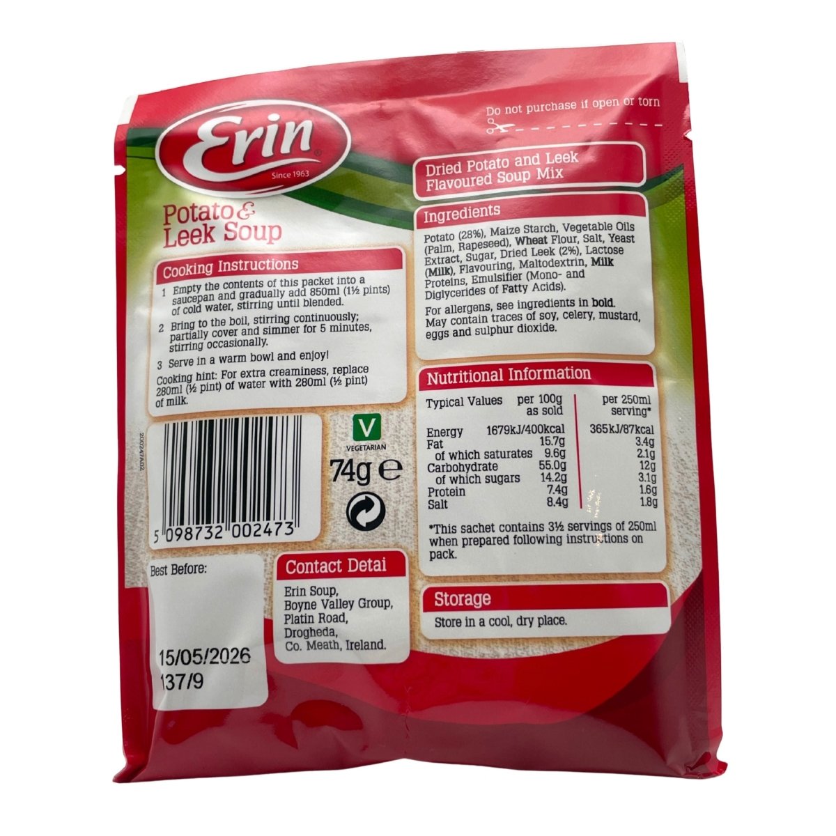 Erin Potato & Leek Soup Mix packaging with red and white design