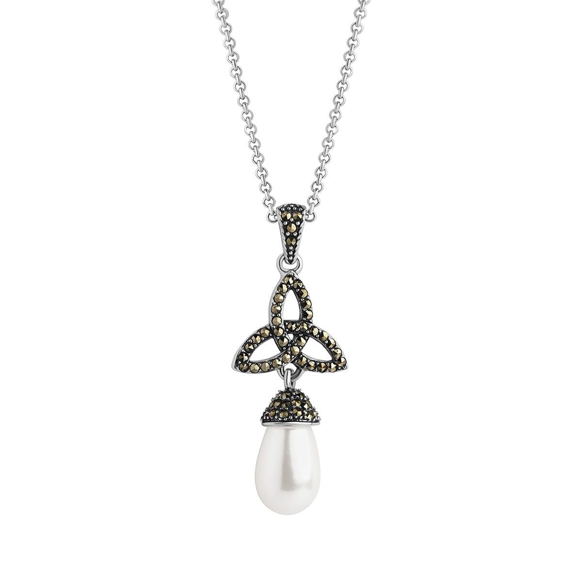 Freshwater Pearl and Marcasite Trinity Knot Necklace - The Celtic Gift Store - Necklaces