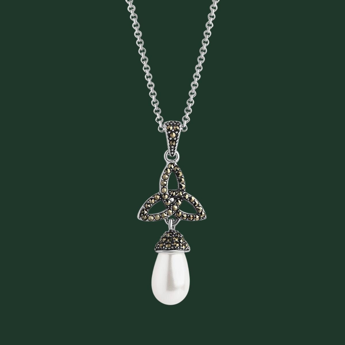 Freshwater Pearl and Marcasite Trinity Knot Necklace