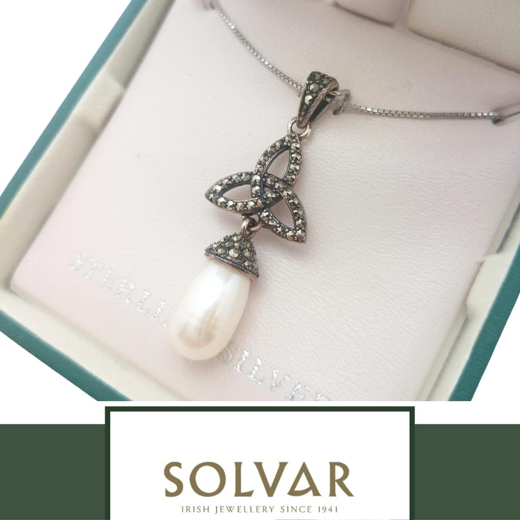 Freshwater Pearl and Marcasite Trinity Knot Necklace