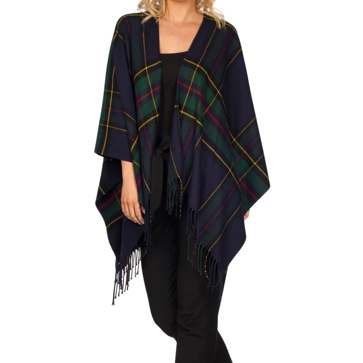 Fringed Shawl in Navy Plaid
