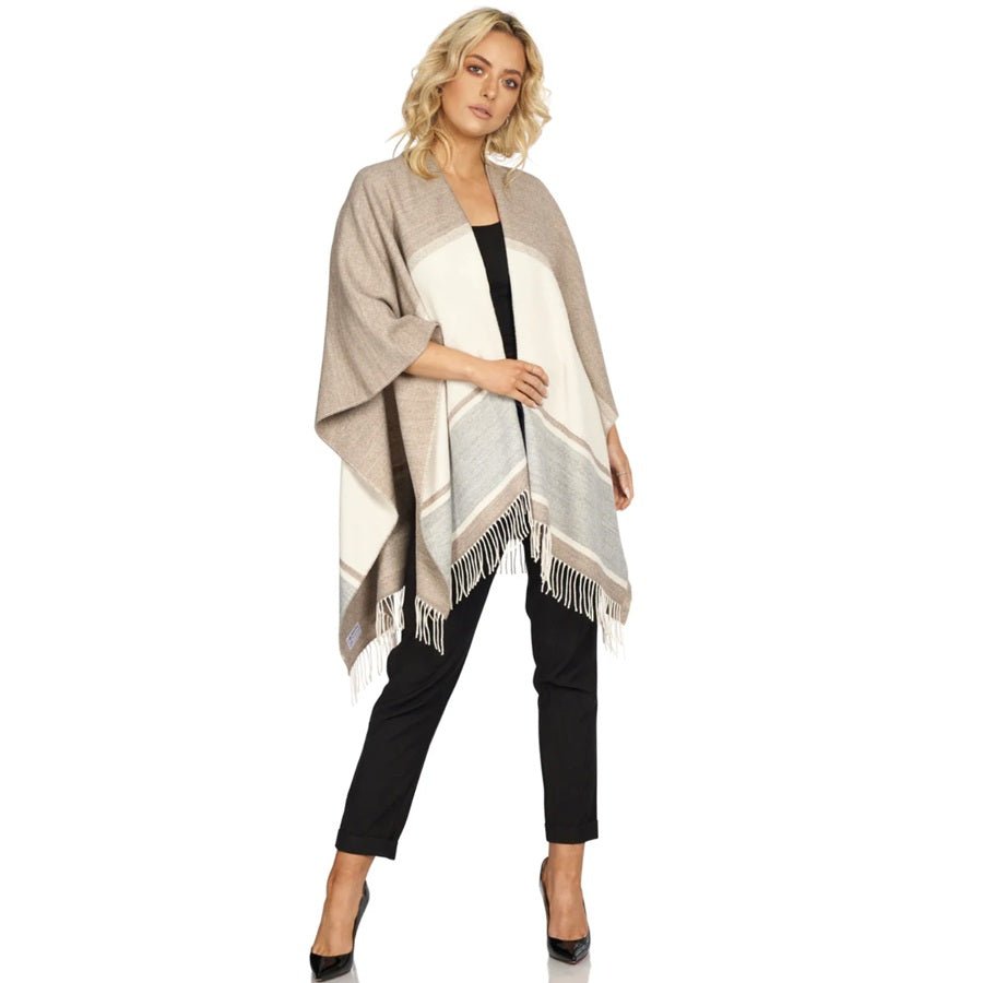 Fringed Shawl with Colour Panels - Navy/Green/Orange