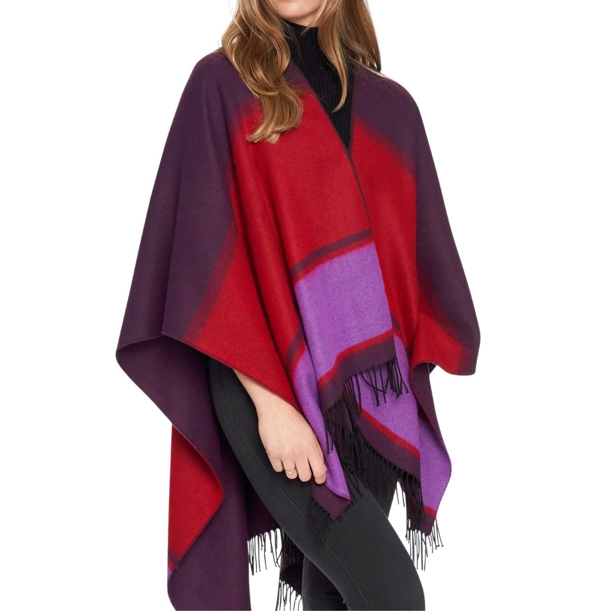 Fringed Shawl with Colour Panels - Red/Purple