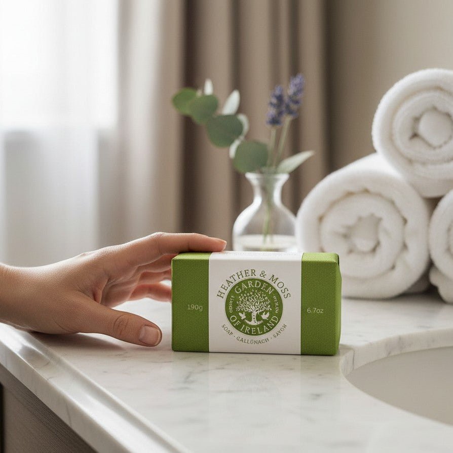 Hand reaching for a green soap bar on a bathroom counter with towels in the background