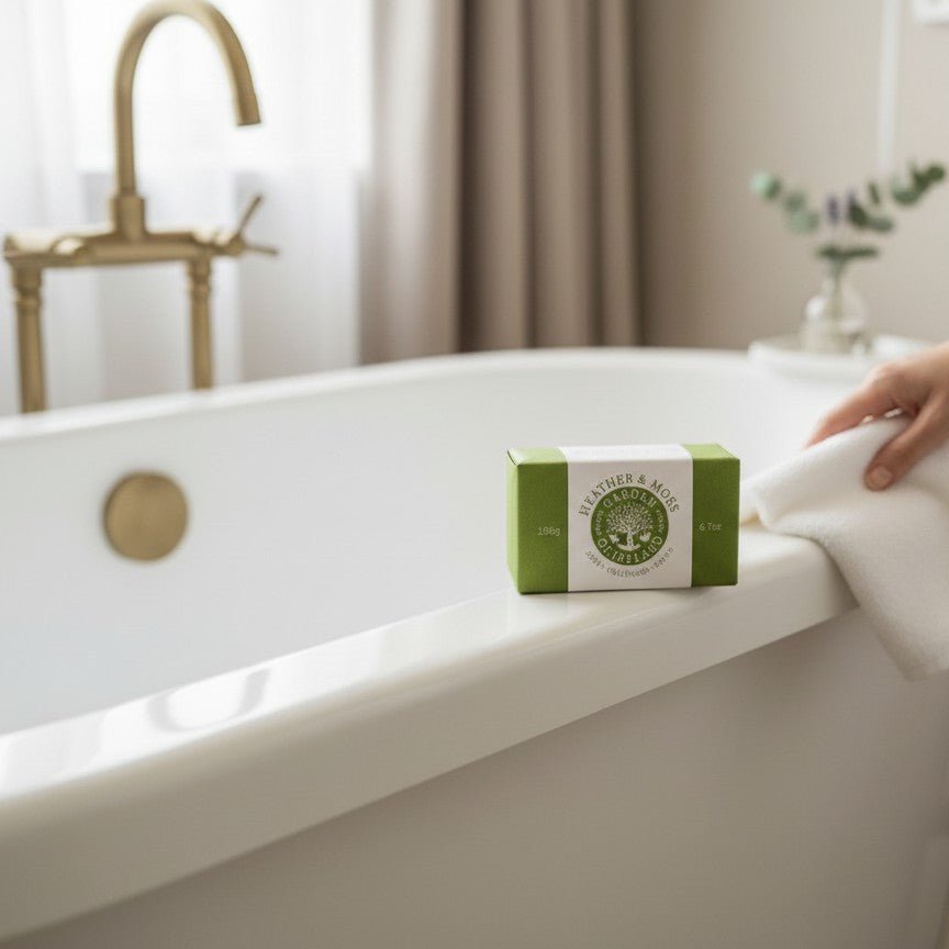 Person cleaning a bathtub with a white towel and a green soap bar in a bathroom setting.