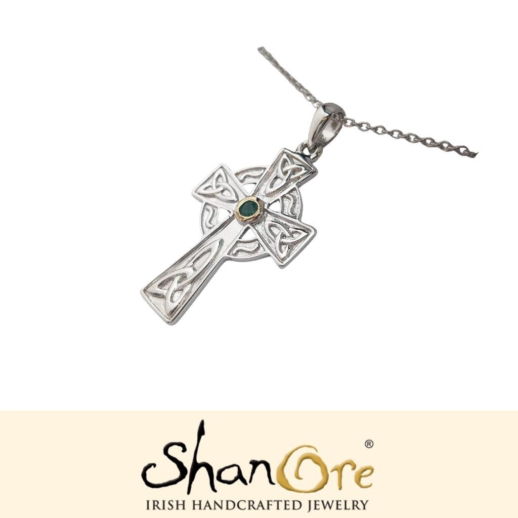 Genuine Emerald Set Sterling Silver Celtic Cross Necklace