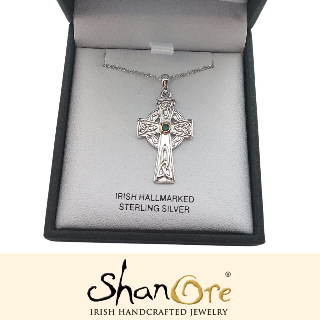 Genuine Emerald Set Sterling Silver Celtic Cross Necklace