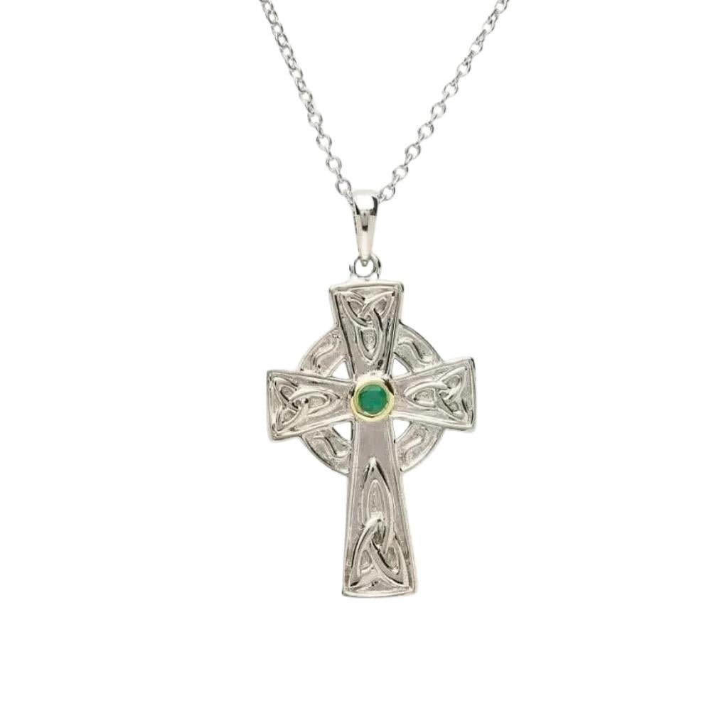 Genuine Emerald Set Sterling Silver Celtic Cross Necklace
