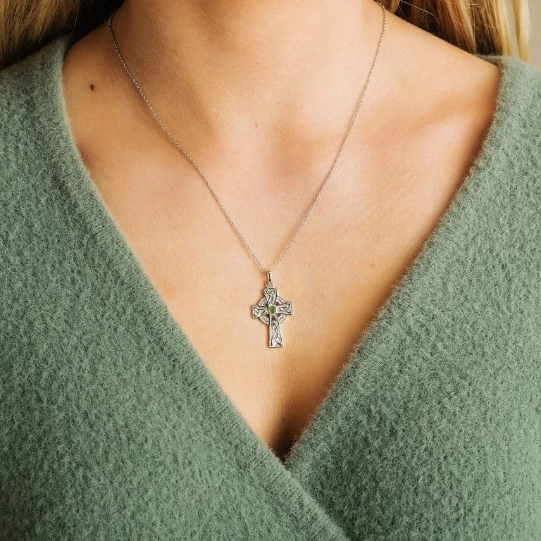 Genuine Emerald Set Sterling Silver Celtic Cross Necklace - The Celtic Gift Store - Necklaces