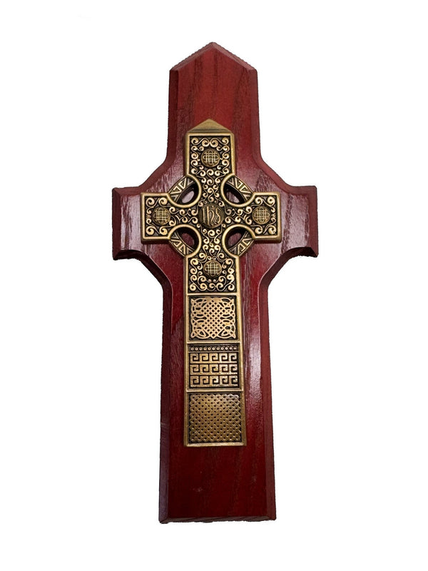 Gold and Cherry Wood Celtic Wall Cross - The Celtic Gift Store - Decor