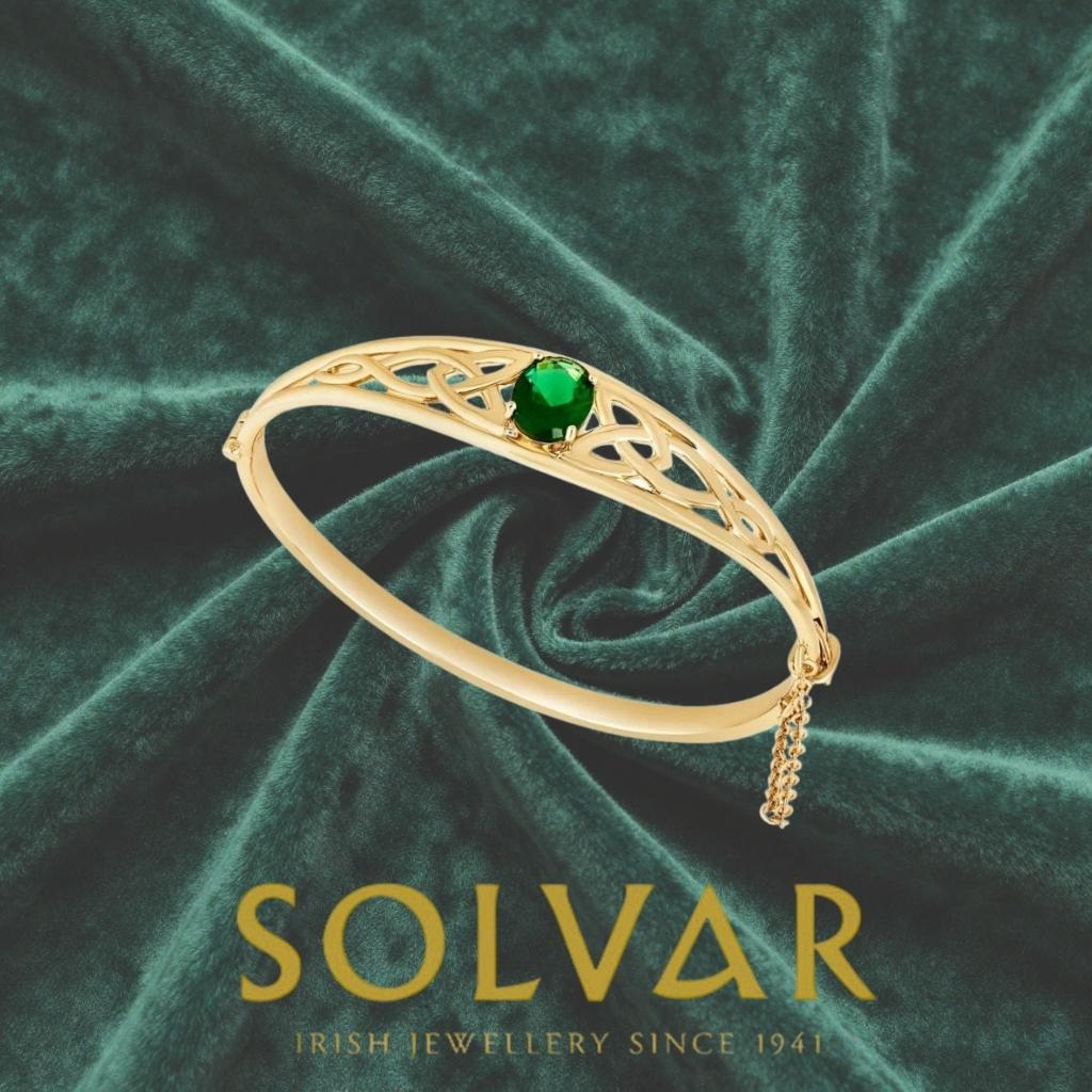 Gold Plated Celtic Knot Bangle with Green Stone