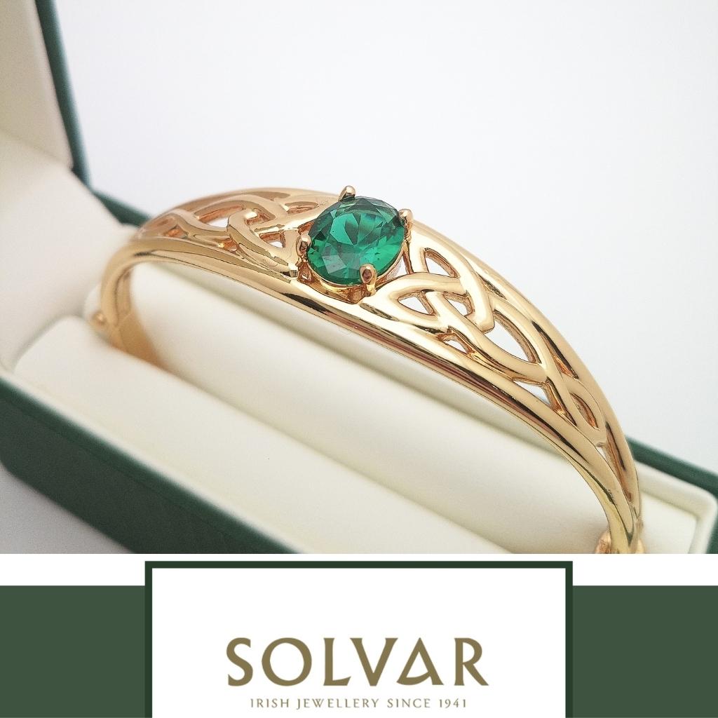 Gold Plated Celtic Knot Bangle with Green Stone