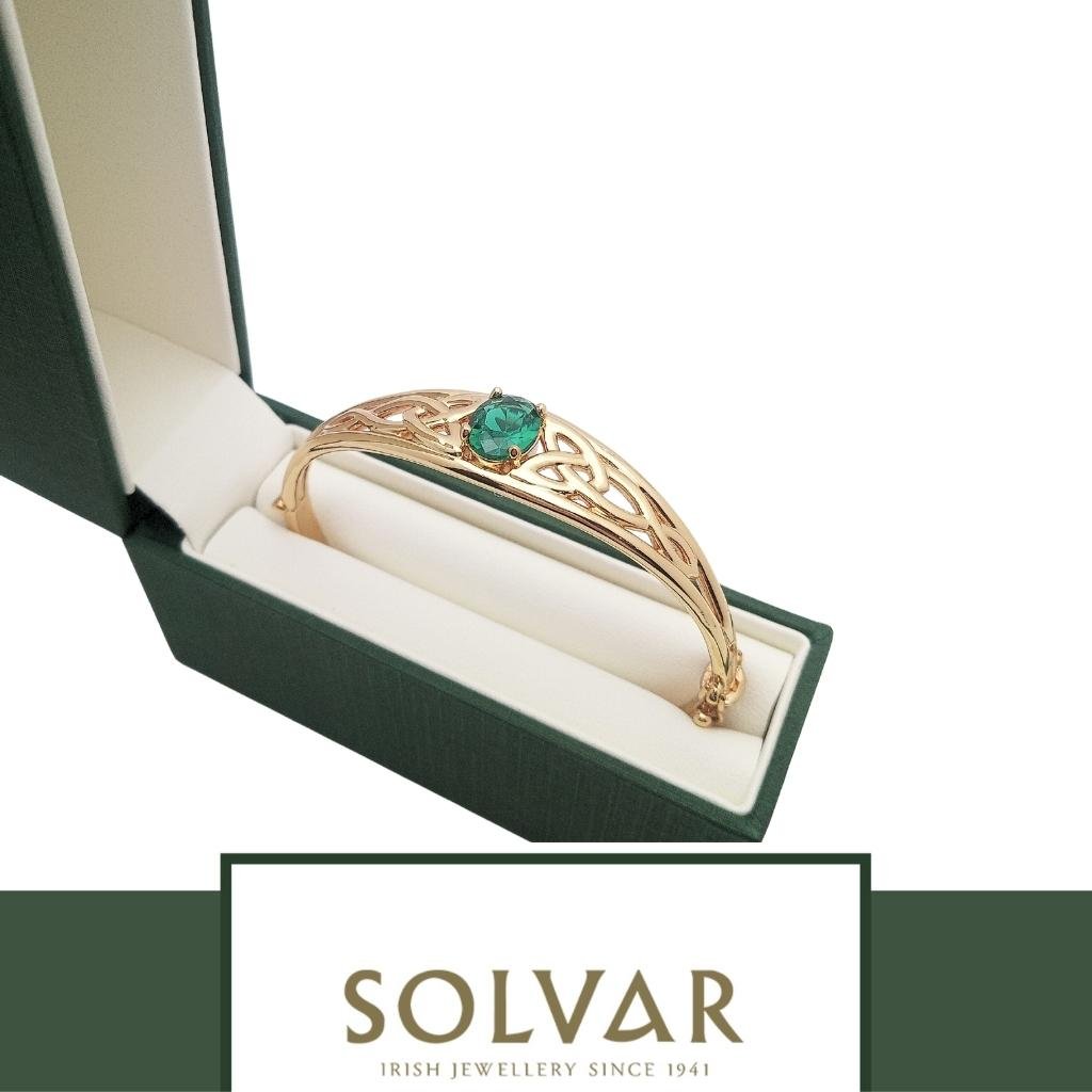 Gold Plated Celtic Knot Bangle with Green Stone