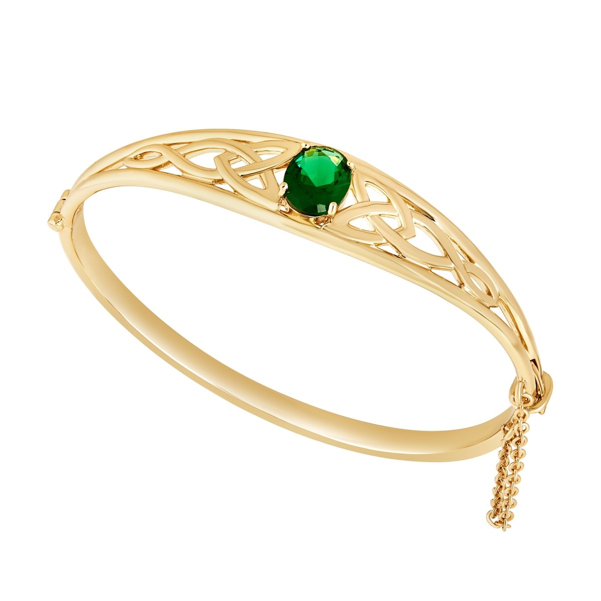 Gold Plated Celtic Knot Bangle with Green Stone