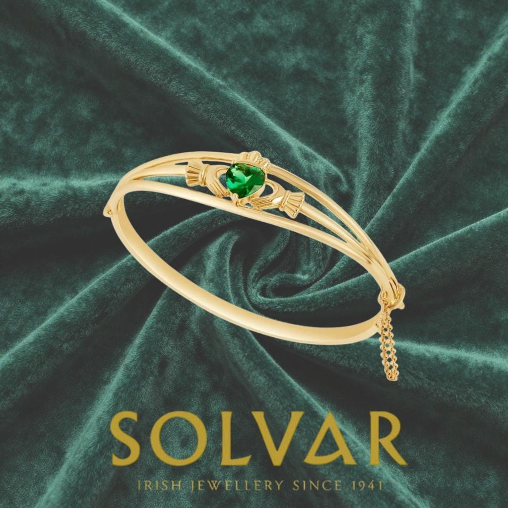 Gold Plated Claddagh Bangle with Green Stone