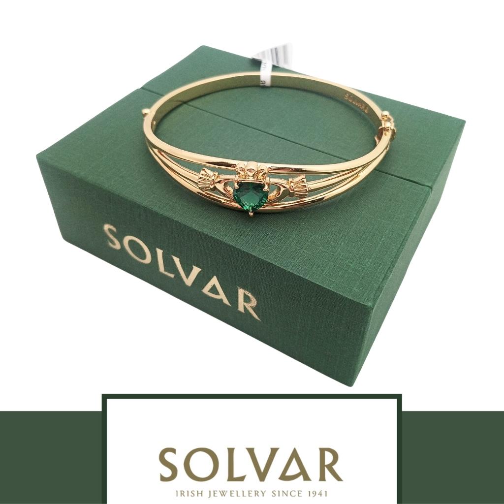 Gold Plated Claddagh Bangle with Green Stone