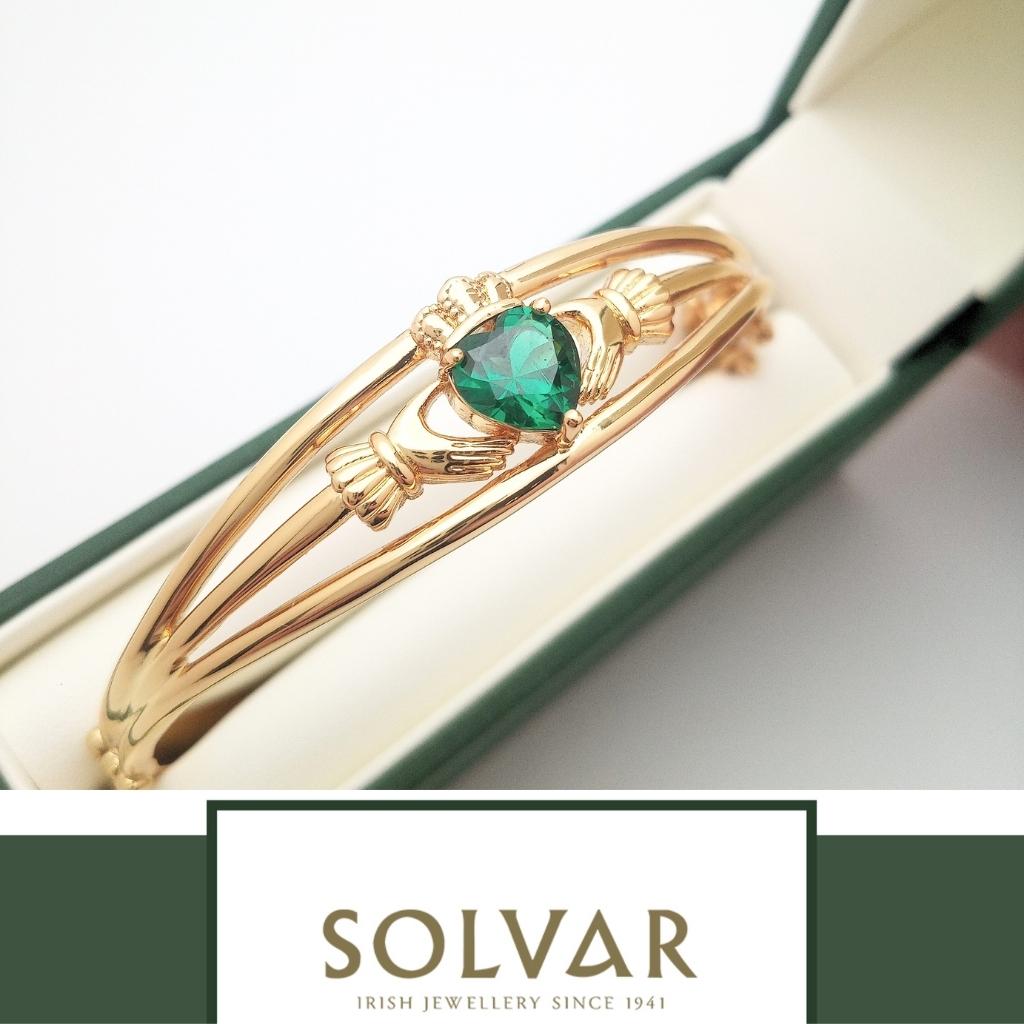 Gold Plated Claddagh Bangle with Green Stone