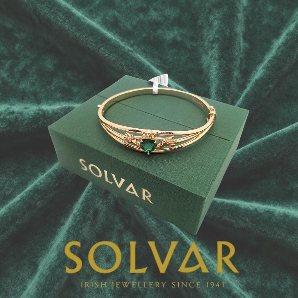 Gold Plated Claddagh Bangle with Green Stone