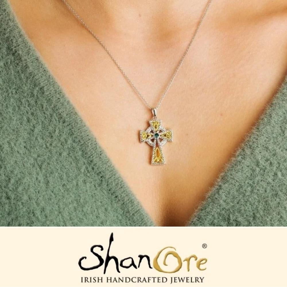 Gold Plated Crystal Embellished Trinity Knot Celtic Cross Necklace