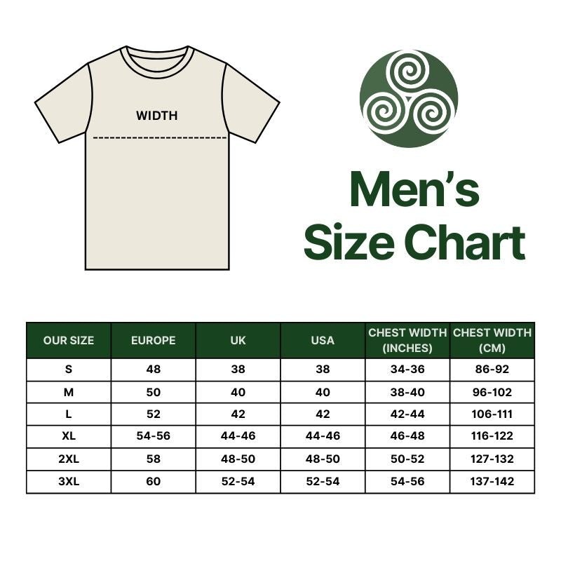 Men's size chart for t-shirts with a white t-shirt illustration and green text on a white background.