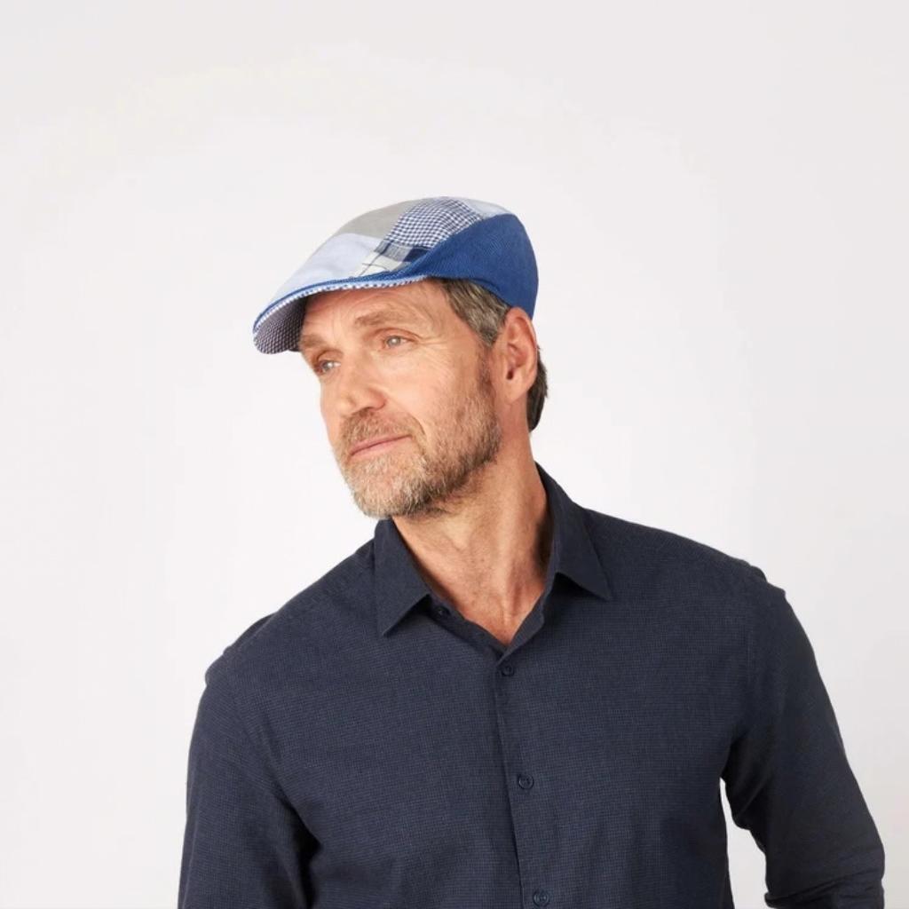 Hanna Hats Linen Donegal Touring Cap - Grey and Blue Patchwork by Hanna Hats - Hats