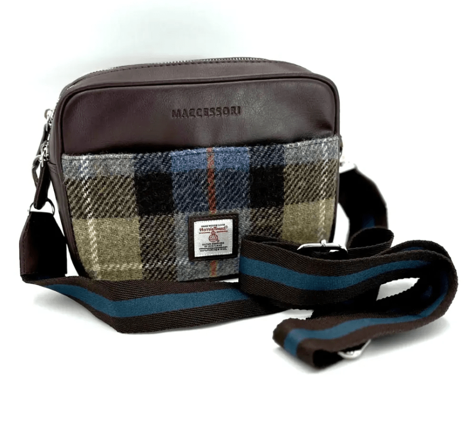 Harris Tweed Camera Bag - Blue and Brown Plaid - The Celtic Gift Store - Handbags